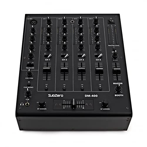 SubZero DJ-Mixer 4-Kanal mit Crossfader und USB | Für Anfänger und Profis, ein XLR- und zwei TRS-Mikrofoneingänge, 3-Band-EQ mit Mono-Schalter