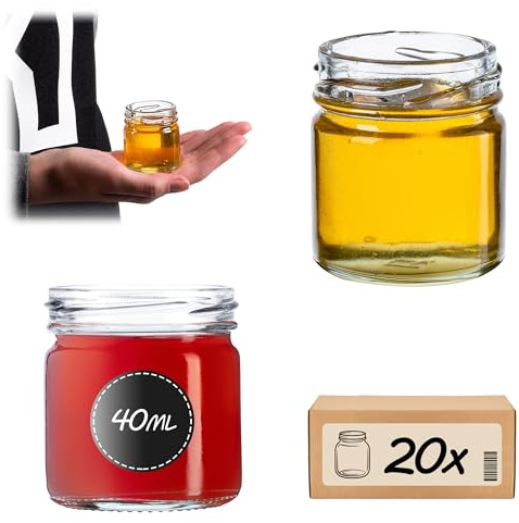 KADAX 20st Mini Gläser 40 ml, Einmachglas, Gewürzgläser, Sturzglas, Probiergläser, Marmeladengläser, kleine Honiggläser, Rundgläser (20 Stück, Ohne Deckel)