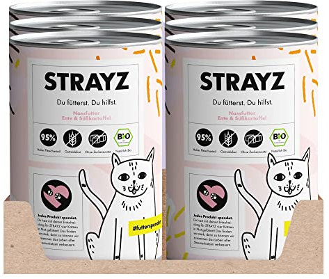 STRAYZ - Bio Katzenfutter Nass - Ente & Süßkartoffel, Getreidefreies Premium Nassfutter für Katzen mit 95% Fleischanteil ohne Zucker - 6x400g Dose