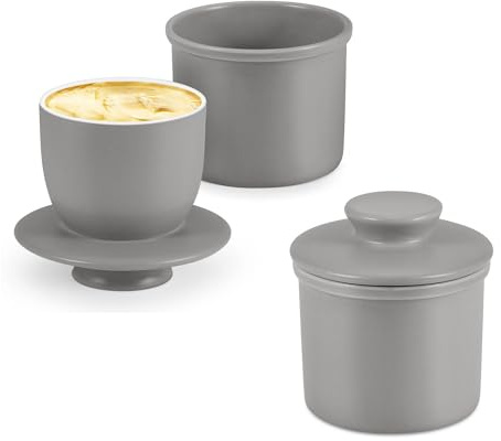 Flexzion Mantequera de porcelana para mantequilla, mantequillera francesa con tapa, soporte de mantequilla sellado con agua suave y dulce para mesa, colección retro, decoración de granja, paquete de 2