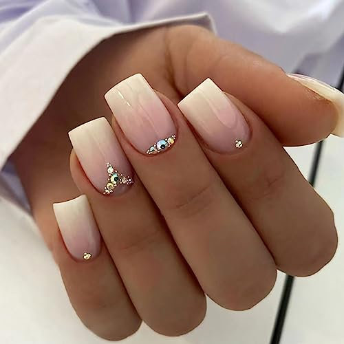 Cubahop Künstliche Fingernägel, französisch, kurz, quadratisch, rosa, Farbverlauf, nackt, Kunstnägel, Strass, zum Aufdrücken, für Damen und Mädchen, 24 Stück (D)