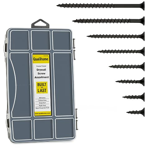 Qualihome Drywall Screw Assortment Kit - Coarse Thread, for Wood & Sheetrock - 7 Sizes (5/8” to 3”) - Black Screws for Drywall - Wood Screws Assortment Kit - Includes Black Drywall Screws