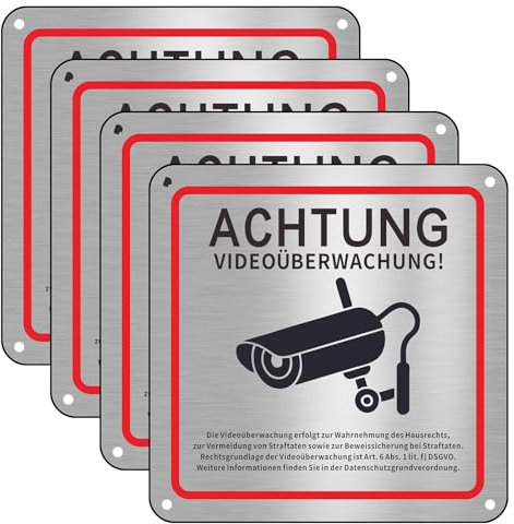 Videoüberwachung Schild, 4 Stück Schild Videoüberwachung Privatgrundstück, 15x15cm Aluminium Achtung Videoüberwachung Schilds, Schilds Kameraüberwachung für Überwachungskamera Oder Kamera Attrappe