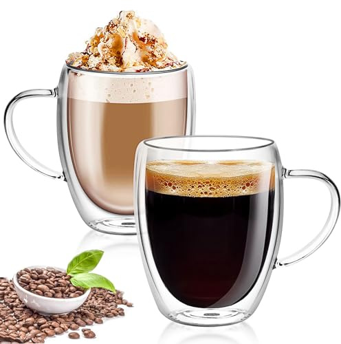 HYEIOL Double Walled Glass Mugs, 350ml Insulated Coffee Glass Cups with Handle, Borosilicate Heat Resistant Clear Mugs for Latte Cappuccino Espresso Milk Juice Ice Cream (2 Pack)