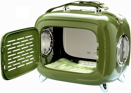 Transportbox für Hund, Katze & Kleintier | Retro-Box 45 x 41 x 28 cm | Reise & Transport mit Fenster, Lüftung, Polster waschbar | Hundebox Kunststoff für Kofferraum, Rücksitz & Gurt | Grün