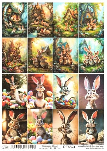 Josys Bastelmärchen Reispapier A4 Strohseide Decoupage Ostern lustige Hasen Cartoon Comic RE6624