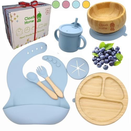 Kindergeschirr-Set aus Bambus, Jungen Mädchen Kinder Baby Teller Schale mit Saugnapf, Geschirrset Antirutsch Babygeschirr Essen, Gabel Löffel Lätzchen Tasse Silikon Deckel und Strohhalm (Blau)
