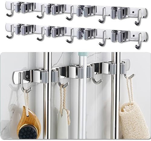 NANONAN 2 Pcs Broom Mop Holder Wall Mounted, 49cm Mop Holder Self Adhesive, Broom Storage with 4 Clips and 5 Hooks, Utility Room Storage Solutions, Kitchen Bathroom Garage and Garden Tool Organiser