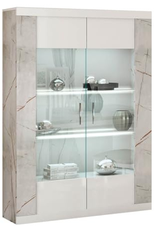 AltoBuy Eros - Vitrine 2 Portes Blanc Eclairage LED intégré avec Décor Latéral Aspect Marbre