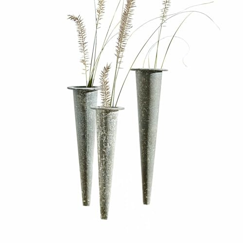 Loberon Vase 3er Set Vullierens, DREI Größen, raffiniert zum Stecken, schlanke Kegelform, mit Antik-Finish, Gartenzubehör, Eisen, antikgrau