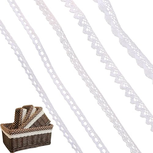 KUBDPQOR Tira Bordada Blanca, 5 Rollos Cintas de Encaje, Encajes Para Decorar Vestidos, Cinta de Encaje de Algodón Blanco, Puntillas de Encaje, Ideal para Boda Decoración Manualidades
