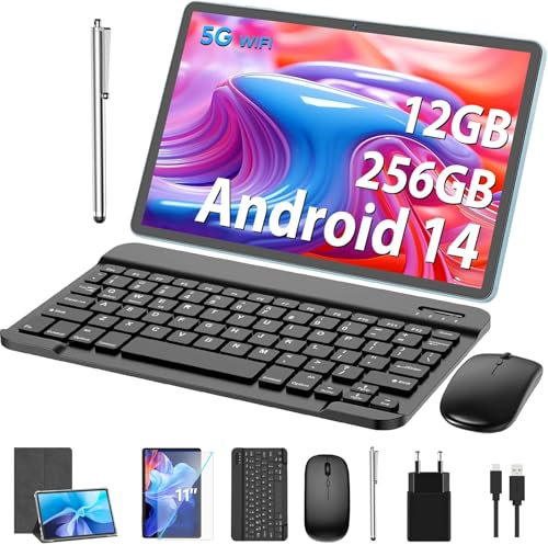Tablet Android, tablet da 11 pollici, Android 14 con tastiera, 12 GB + 256 GB, 1 TB Expand, Tablet PC con Octa-Core, 8000 mAh, 2,4 G/5 G, fotocamera 13 MP+5 MP, tablet 2 in 1 con custodia per