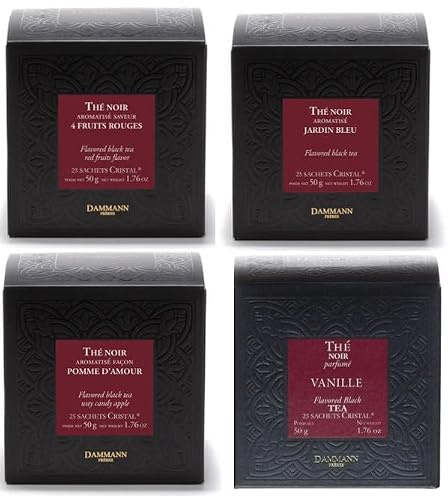Dammann Frères, Mélange de Thés Rouges, Jardin Bleu, Pomme d'Amour, Vanille, 4 Fruits Rouges - 25 sachets par boîtes