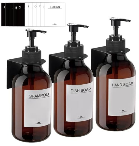 Dispenser di sapone da parete senza foratura, set da 3 dispenser di sapone da 500 ml, dispenser per sapone da parete, dispenser per detersivo, dispenser per shampoo per cucina, bagno（ambra pura）