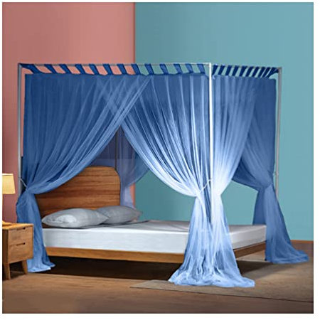 Sommerbett-Überdachung, Moskitonetz für Einzelbett, 4 Eckpfosten, Bodenbett-Vorhang, Mädchen-Schlafzimmer-Dekoration mit Metallständer (Farbe: Blau, Größe: 150 x 200 cm/59 x 79 Zoll)