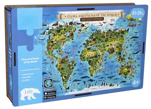 EXERZ Holzpuzzle 100 Teile A3 (41 x 29 cm), mit Flora und Fauna, interaktive AR-Funktion der Weltkarte mit kostenloser iOS-App