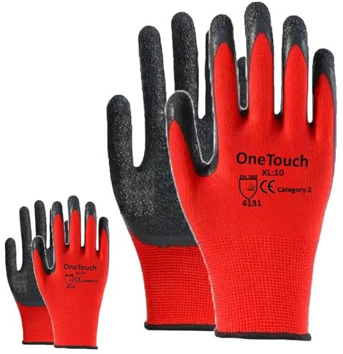 A406 24 Pairs Red Work Gloves Latex coated Crinkled finish Safety Gloves Non Slip Gloves Rubber Gloves for Builder construction gardening Heavy Duty for Construction, Warehouse (Large-9)