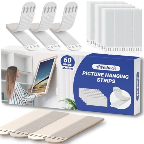 Aweshock Picture Hanging Strips , Adhesive Wall Hanging Strips Damage Free ,Heavy Duty Sticky Tack for Wall Hanging Posters Strips, 30 Pairs(60 Strips) Medium Picture Hangers Without Nails