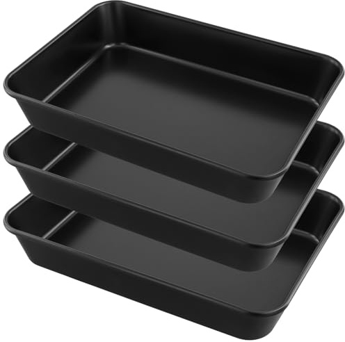 SEUNMUK 3 Pack Non Stick Oven Baking Tray, Rectangle Carbon Steel Baking Sheets, 34x24x5cm, Deep Roasting Tins for Bread, Cake, Pizza, Meat, Black