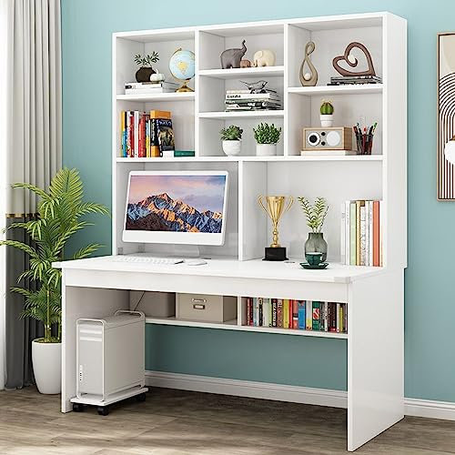 LDTTYRC Computertisch mit Bücherregal für kleine Räume, Holzschreibtisch/Arbeitstisch, Schreibtisch für Teenager, Studenten, Home-Office-Schreibtisch, Computertisch mit Aufsatz (47 Zoll, weiß)