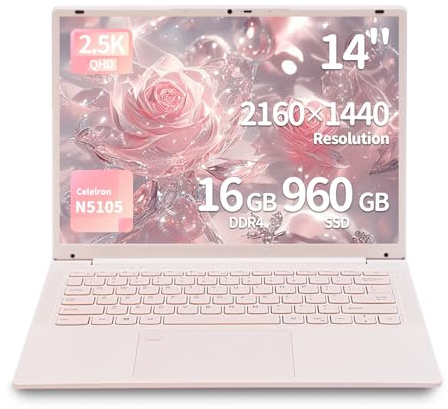 Ordinateur Portable 14,1 Pouces – Celeron N5105, 16 Go DDR4, Écran IPS 2160×1440, Déverrouillage par Empreinte Digitale, Clavier Rétroéclairé, WiFi 5G, USB 3.0, Type-C, HDMI (Rose,16G+960GB SSD)
