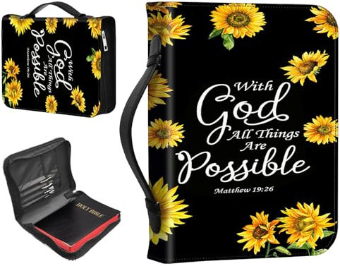 RAUEDWDJS Bibelhülle für Damen und Herren, PU-Leder, Bibelhülle, Bibelschutz mit Griff und Reißverschlusstasche, große Tasche für Bücher 27,7 x 20,3 x 5,9 cm, Sonnenblume Matthäus 19:26
