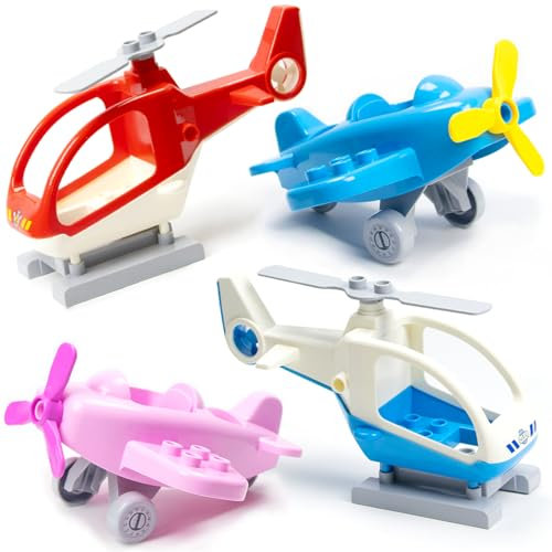 Mirthben 4 Stück Flugzeug Bausteine Set, Große Steine mit 2 Hubschrauber + 2 Kampfflugzeuge, Drehbare Rotoren und Räder, kompatibel mit DUPLO, Bausteine Zubehör Spielzeug für Kinder ab 3 Jahren