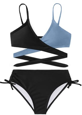 Arshiner Ragazze Costumi da Bagno Bikini Set Due Pezzi Bambini Criss Cross Bustier & Slip Triangolo Bikini Costume da Bagno per Ragazze Nero/Blu 150 11-12 Anni