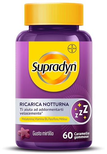 Supradyn Ricarica Notturna, Melatonina Per Dormire, con Vitamina B6, Passiflora e Melissa - Melatonina Forte 1mg Adulti - 60 caramelle gommose mirtillo