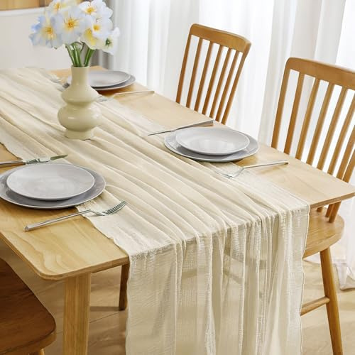 Tischläufer 80x300 cm - Beige Gaze Stoff, Eleganter Deko für Esszimmer & Familienessen,Wohnkultur, Gartenparty & Romantische Essen