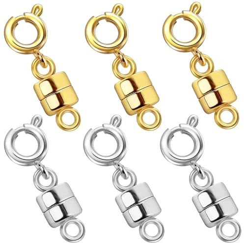 QZKJQDD 6 Pcs Magnetic Necklace Fasteners, Magnetic Necklaces Clasps Connector, Jewellery Bracelet Clasps and Closures Magnet Jewelry Connector for Necklaces Jewelry Accessories (3 Gold 3 Silver)