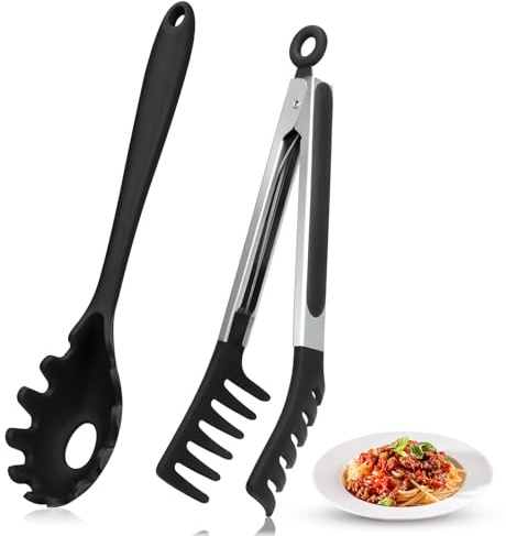 Spaghetti Spoon and Pasta Tong with Non-Slip Silicone Teeth, Food Clip for Spaghetti Noodle, Heat Resistant Kitchen Utensils with Storage Holes, Dishwasher Safe
