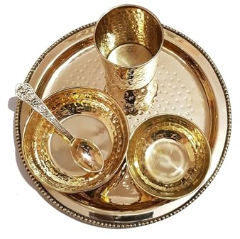 Indian Traditional Hammered Brass Dinner Set Dinner Plate, Glass, Spoon, Curry Bowl, Halwa Wati Set of 5 Golden Dinnerware