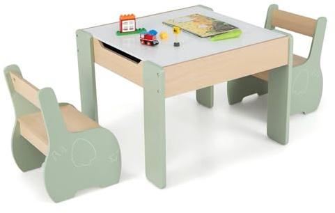 SFAREST Children Table and Chair Set, Kids Activity Table with 2 Chairs, Reversible Blackboard Tabletop & Storage Space, Wooden Toddler Furniture Set for Playing Studying Dining (Green)