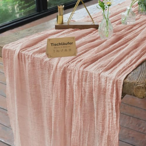 aboveBED 85cm X 300cm Musselin Käsetuch Tischläufer Rosa, Boho Waschbar Tischdeko Tischband für Hochzeit, Geburtstag, Kommunion, Taufe, Party, Valentinstag, Weihnachten und Silvester Dekor