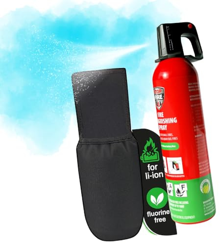 notlok Safety Work - 750g brandsläckare för elbränder + hållare kardborreband | brandsläckarspray A F + litiumbatterier och fordonsbatterier | fettbrandsläckare, brandsläckare för hemmet, för bilen