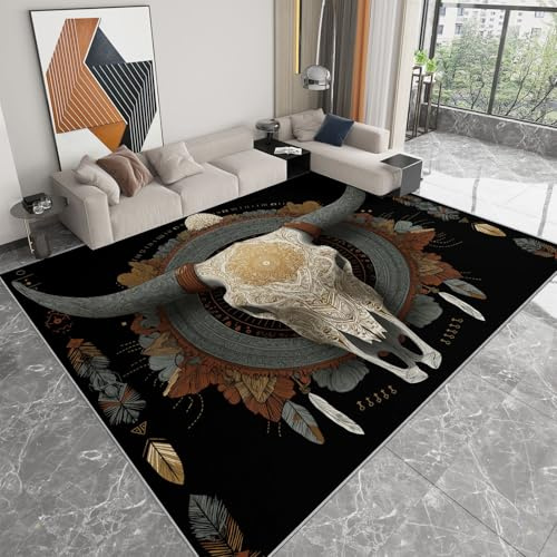 Living Room Rugs 80x150 cm Soft Low Pile Non Slip Area Rugs for Bedroom Dining Room Lounge, Bohemian Tribal Ram Skull Washable Non-Shedding Floor Carpet - Black