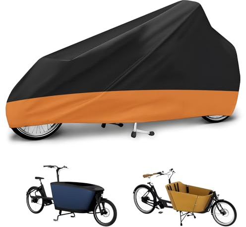 Lastenrad Abdeckung- Fahrradabdeckung wasserdicht aus 600D Oxford,Gewebe verschweißte Innennähte, Fahrradgarage für Lastenrad Abdeckplane Dreirad Fahrradschutzhülle zweispurig (Orange)