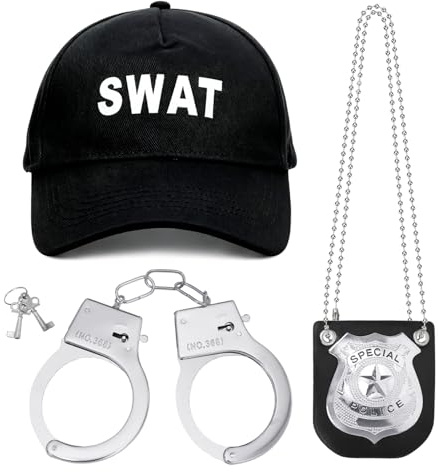 Meleager 3 Piezas Swat Disfraz Accesorios con Gorra de Policía, Esposas de Metal, Collar de Insignia de Policía para Adultos para Carnavales, Fiestas Temáticas