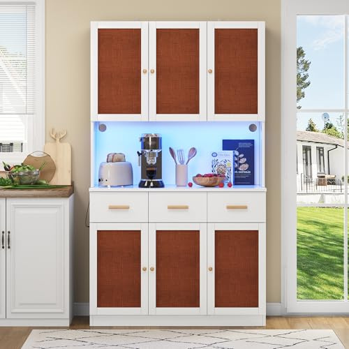 Kebnor Küchen-Buffetschrank 182cm, Küchenhochschrank mit LED-Beleuchtung & Steckdose, Weißer Schrank mit Stofftüren & Massivholzgriffen, Stauraum für Mikrowelle, Kaffeemaschine & Geschirr