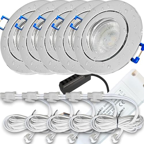 LED Einbauspots 12 V IP44 – 5er-Set in Chrom mit Trafo & AMP-Verteiler, je Spot mit 120 cm Zuleitung – 3 W Leistung, 250 lm Lichtstrom, 4000 K Neutralweiß – geeignet für Bad, Küche und Feuchträume