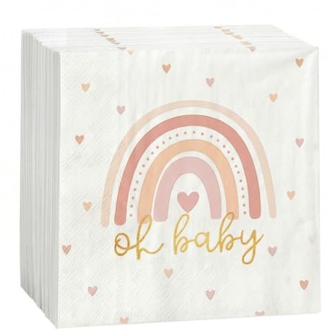 COMOOKA Servietten Babyparty Mädchen - 40 Stück Oh Baby Servietten mit Boho-Regenbogen Motiv - Papierservietten Baby Shower Deko - Tischdeko für Babyshowerparty, Taufe & Willkommensfeiern