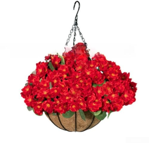 Cesta colgante de plástico resistente a los rayos UV con flores artificiales de geranio realistas para interiores y exteriores (rojo)
