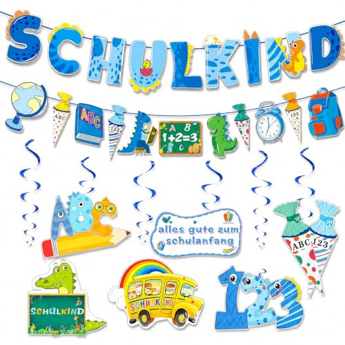 Einschulung Deko Set Blau Dinosaurier, Schulkind Girlande mit Schulkind Banner und 6 Spiralen, Deko Einschulung Junge Mädchen 2026, Schulanfang Deko für Schulkind 2026 Junge Schuleinführung Party