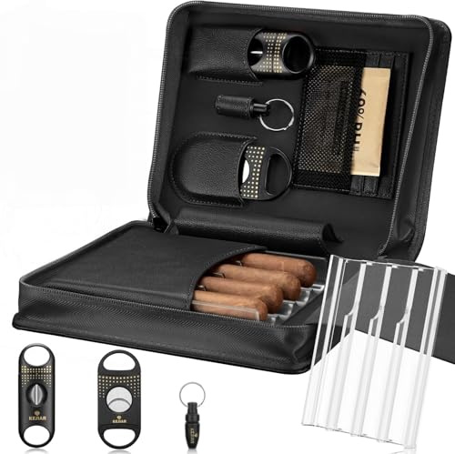 Racocou Lädercigarreseset med humidor, inkl. 2 giljotinskärare, stans, fuktighetsförpackningar, akrylbricka och multifunktionellt fodral – Perfekt present till män,Black