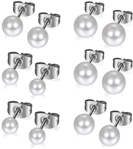 Flongo örhängen, 12 stycken 3~8 mm rostfritt stål harts stud plugg örhängen stiftörhängen tragus helix falska pluggar silver vit kula pärlor charm charm elegant dam smycken 6 par set, Harts, kristall