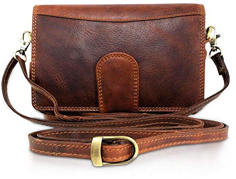 Corno d´Oro Handmade Umhängetasche Herren Leder Klein mit Handyfach I Handgelenktasche mit ausziehbarem Griff und RFID Schutz I Schultertasche Damen Vintage Braun