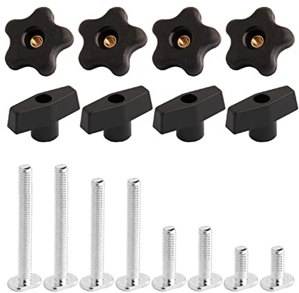 POWERTEC 71121 T-Track Knoppsats med gängade knoppar och 5/16 tums-18 T-bultar för träbearbetningsjiggar och armaturer – 16-delat set