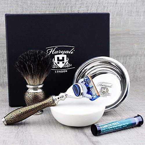 Haryali London Gold Antik Design 5 Edge Rasiermesser, Rasierpinsel, Rasierschale, Rasierseife und Alaun Bleistift