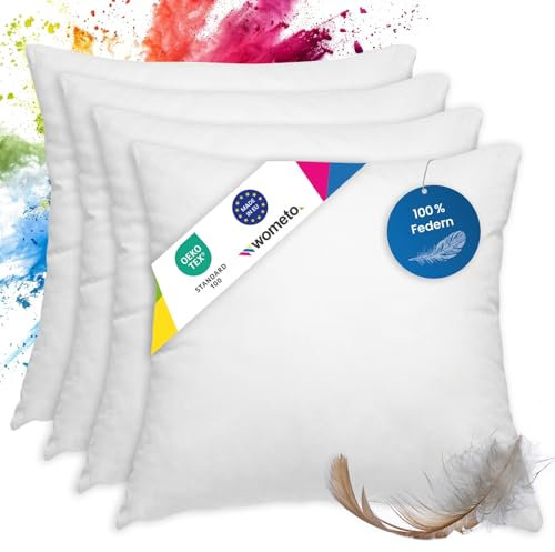 wometo 4er Set Federkissen 100% Federn 50x50-600g Oeko-TEX Sofakissen Kissen Füllkissen Bezug Baumwolle weiß/Innenkissen/Kissenfüllung/kleine Kopfkissen (4 Stück)